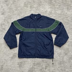 Nike Jacket Mens Large Navy Full Zip Windbreaker Mesh Lined Swoosh Spell Out Y2K